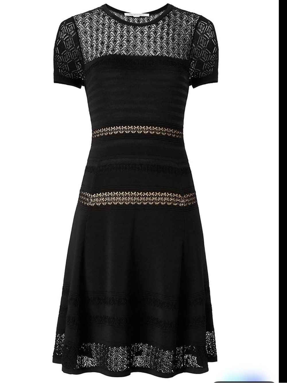 Diane Von Furstenberg Black Lace Short-Sleeve Fit-and-Flare Dress